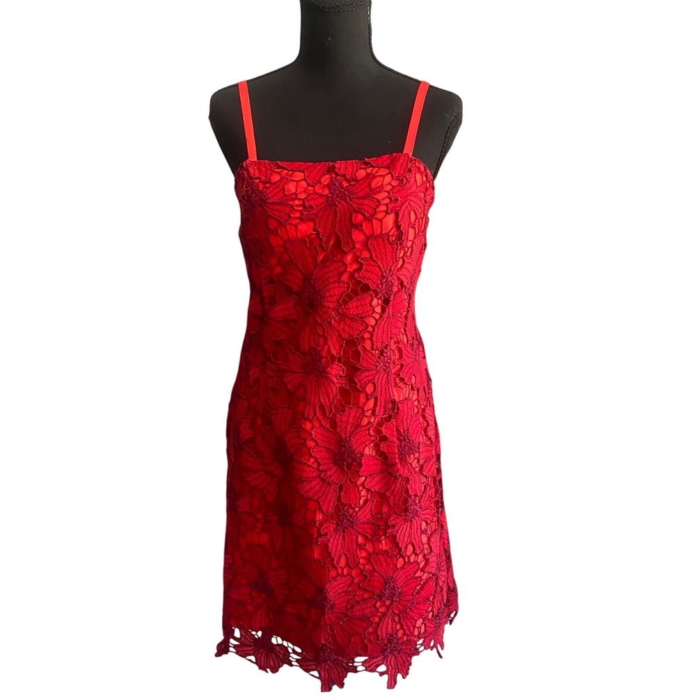 Cache Red Floral Guipure Lace Mini Dress‎ Sleeveless Square Neck XS